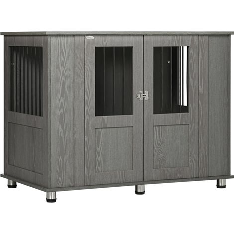 Caseta para perros extra grandes de madera gris con puerta magnética MODENUIT (1/4)