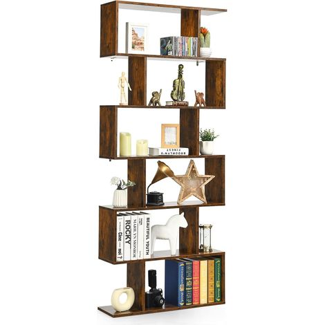 COSTWAY Libreria in Legno Scaffale Multifunzionale a 6 Ripiani per Piante e Libri per Ufficio Casa Ripiano a Forma di S, 80 x 23 x 192 cm (Caffè) (1/5)