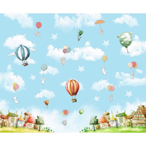 Papier peint panoramique Enfants - Village Montgolfières - 130 cm x 106 cm (1/2)