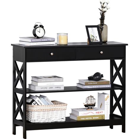Console Table Side Desk w Shelves Drawers Open Top X Support Frame Living Room Hallway Home Office Furniture Black (1/5)