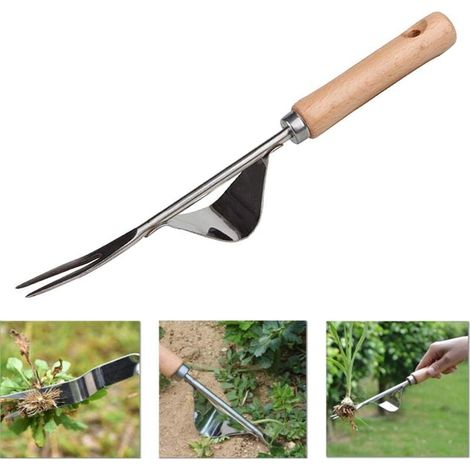 Jardinière manuelle, désherbeur manuel, désherbeur en acier inoxydable avec manche en bois (1 pièce) (1/4)