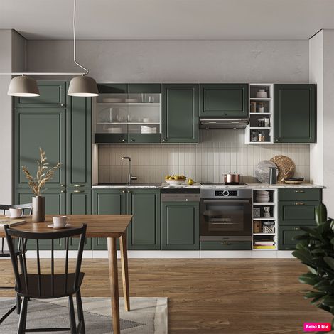 Cucina componibile Fame-Line, Verde-oro rustico/Bianco, 355 cm , PL Marmo, Vicco