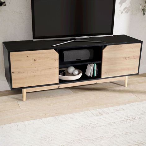 Meuble TV 2 portes 150x40x55 cm décor noir et chêne