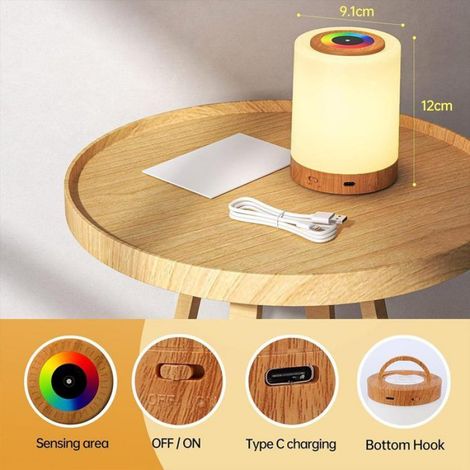 Lampe chevet bois grain - 1 pièce, Tactile dimmable veilleuse 13 couleurs 3 modes rechargeable USB - Type lampe chevet Étiquette (1/5)