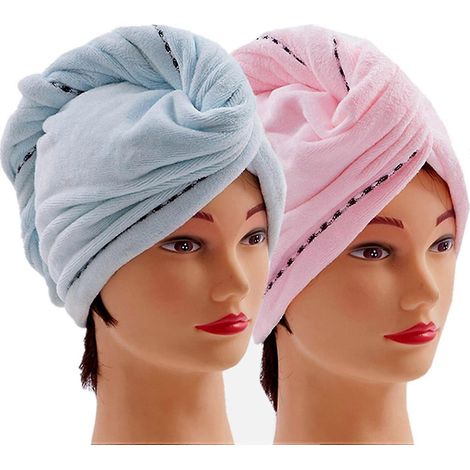 Lot de 2 serviettes pour cheveux en microfibre pour femmes, séchage rapide, anti-frisottis, avec bouton, pour cheveux longs, épais et bouclés, ultra-absorbantes et douces - (bleu) (1/5)