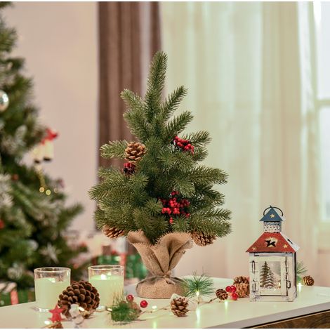 Künstlicher Weihnachtsbaum 50 cm Grün mit 55 Zweigspitzen, roten Beeren und Zementfuß (1/5)