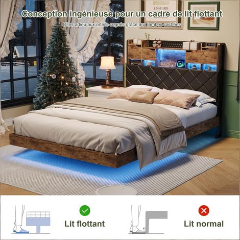 Bettgestell 160x200 cm, Schwebebett, LED & USB, Doppelbettgestell, Kopfteil mit Stauraum, 2 Personen, Erwachsene, Schwarz-Braun (1/5)