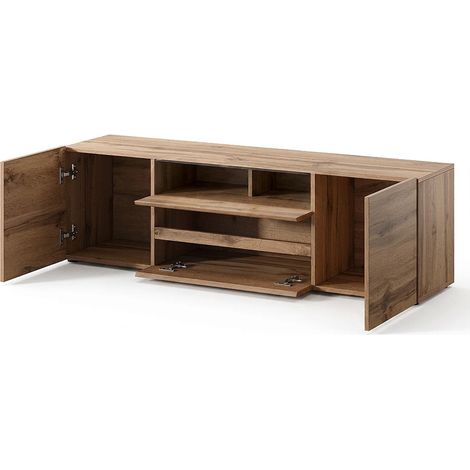 Mobile TV Con LED Integrati Con 2 Ante Battenti 1 Anta A Ribalta E Vani A Giorno In Melaminico Design Moderno Nordico Per Soggiorno Salotto Zona Living 137 x 45.5 x 33 Cm Rovere (1/5)