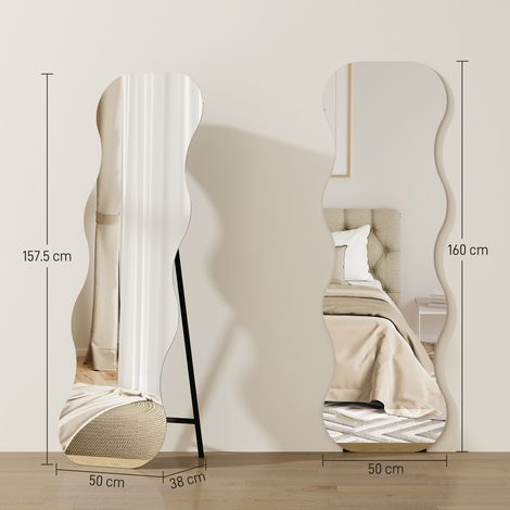 Miroir sur pied sans cadre, socle en bois, positionnable à volonté, forme ondulée, noir (1/5)
