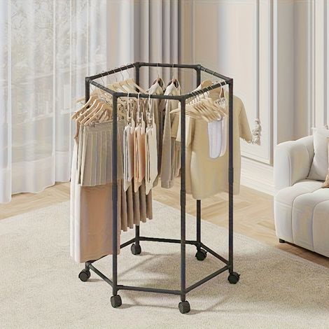 Porte-vêtements hexagonal sur roulettes 120cm - Métal robuste - Rotation 360° - Rangement ouvert (Blanc) (1/5)