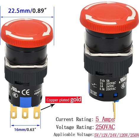 Roter, pilzförmiger Not-Aus-Druckknopf, 16 mm, 5 A, SPDT-Verriegelung, 5/8-Zoll-Bohrung mit kleiner Antikollisionsschutzkappe (1/5)