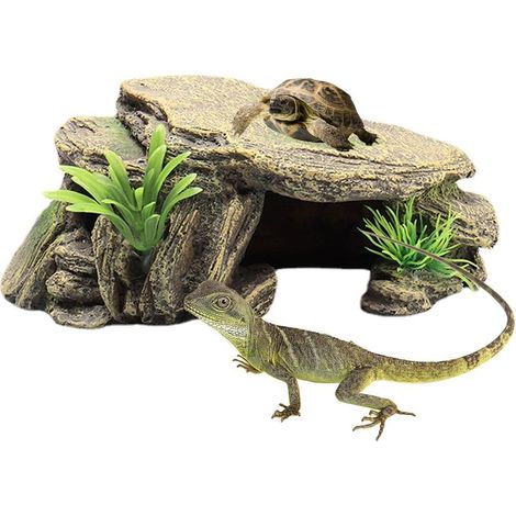 cachette d'habitat Reptile Tortue Ornement d'habitat Reptile Roche Repos Quai résine Tortue Abris sûrs amphibies vifs pour la décoration Terrarium (1/5)