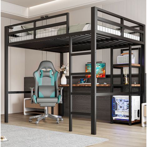 Lit mezzanine moderne 140x200 cm en metal noir avec bureau, etageres multiples, prise USB et Type-C, echelle avec garde-corps (1/5)