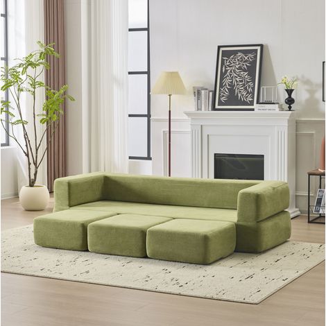 Sofá cama modular de suelo de espuma y chenilla verde, multifunción, desenfundable y lavable, con módulos flexibles (1/5)
