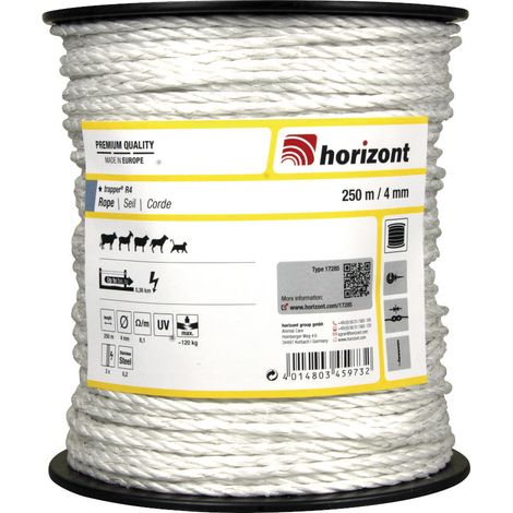 Horizont – Corde TRAPPER 250m – Diamètre 4mm – Conducteur inox 0,20mm – Résistance 8,10 Ohm/mètre – Charge de rupture 120kg