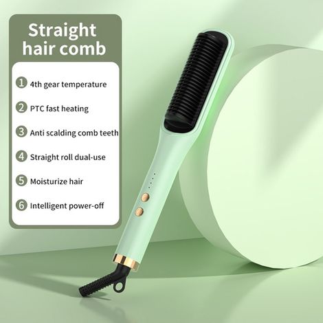 Brosse lissante électrique 2 en 1 : chauffe rapide PTC et conception anti-brûlure pour tous types de cheveux (verte) (1/5)