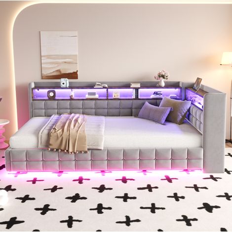 Cama canapé 90x200 cm con cabecero LED, USB y USB Tipo C, somier de lamas, tapizada en terciopelo, color gris claro (1/5)