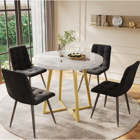 Esstisch-Set (5-teilig), modernes Esstisch-Set mit 4 Stühlen, Küchentisch-Set, runder Küchentisch mit 80 cm Durchmesser und goldenen Metallbeinen, weiße MDF-Tischplatte, schwarze Samtstühle (1/5)