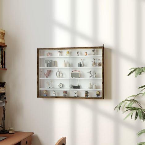 Vitrine murale pour objets de collection 5 étagère réglables en hauteur et 2 portes coulissantes 80 x 9,5 x 60 cm marron
