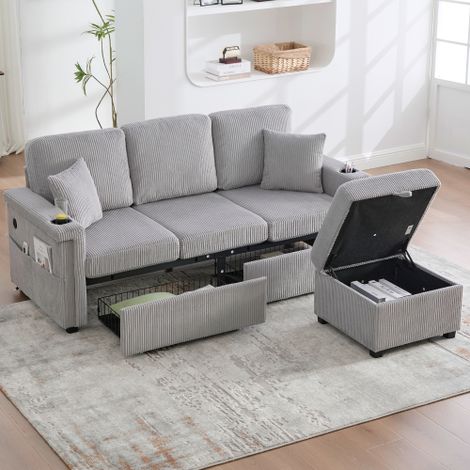 Canapé 4 places avec 2 tiroirs, LED, port USB-C, repose-pieds de rangement, porte-gobelet, poches latérales, gris clair (1/5)