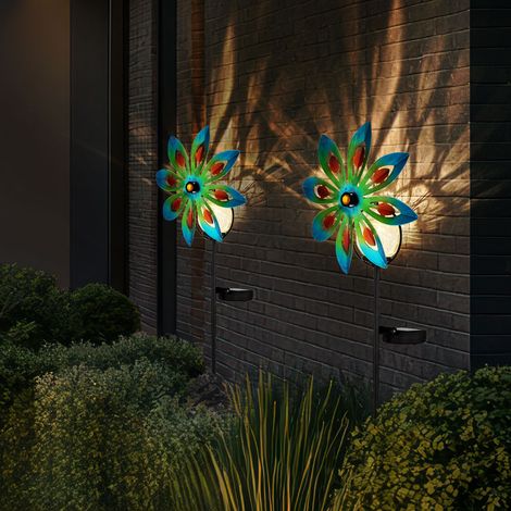 Gartendeko Windrad LED Solarlampe Terrassenlampe bunt Außenlampe Erdspieß, Metall kupferfarben, Bruchglas, warmweiß, LxH 20x50 cm, 2er Set