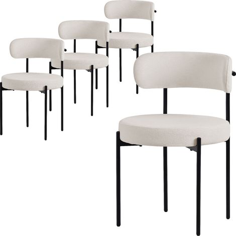 ML-Design Esszimmerstühle 4er Set, Küchenstuhl aus Teddystoff Weiß, Wohnzimmerstuhl mit Rückenlehne, Polsterstühle mit schwarzen Metallbeinen, Loungesessel ergonomisch, Stühle für Esszimmer/Wohnzimmer