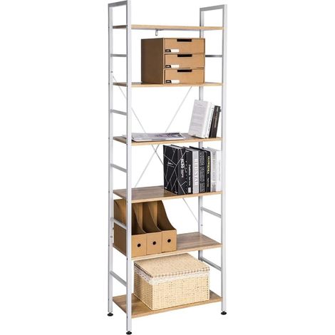 WOLTU Estantería con 6 Escalera Soporte de la Planta Estante de Almacenamianto Madera de Acero Blanco+Roble Claro 60x28x180cm (1/5)