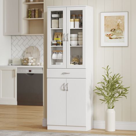 Mobile da cucina con ante in vetro, cassetto e ripiani regolabili per sala da pranzo o soggiorno, 60x35x180 cm, bianco (1/5)