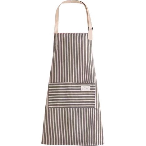 Tabliers de chef 2 pièces, ajustables, avec poches, en mélange coton-lin, à rayures, gris, parfaits pour la cuisine, la pâtisserie et le jardinage. (1/5)
