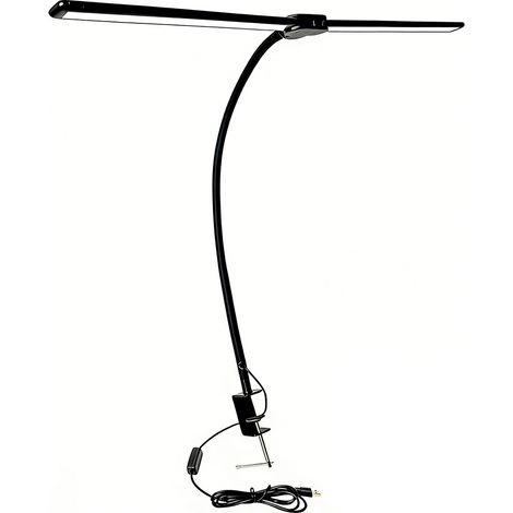Lampe De Bureau - Double Tete - 3 Modes Couleur - 10 Niveaux Luminosite - Col De Cigne Flexible - Pince Compacte - Noir