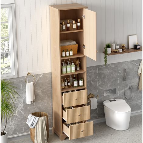 Mueble de baño alto moderno en MDF natural 40x30x172 cm, 3 cajones, 1 puerta, 2 huecos abiertos (1/5)