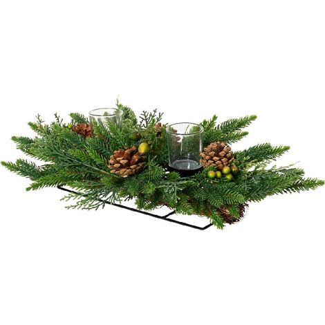 Centro tavola porta candele color verde con pigne per decorazioni natalizie, da 50 cm (1/4)