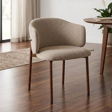 Chaise de Table Tissu Chiné Beige et Pieds Métal Style Bois Foncé Felicy (1/5)