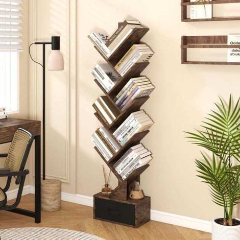 Étagère arbre 10 niveaux avec tiroir en tissu, bibliothèque sur pied pour bureau et salon (1/5)