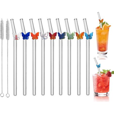Set mit 9 wiederverwendbaren Glasstrohhalmen inklusive Reinigungsbürste, ideal für Cocktails, mit Schmetterlingsmotiv, für Milchtee, Smoothies, Säfte, Getränke und Cocktails