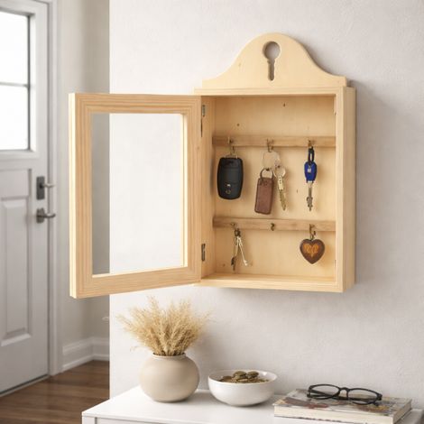 Cassetta Portachiavi da Parete in Legno 6 Posti con Anta e Vetro 74029