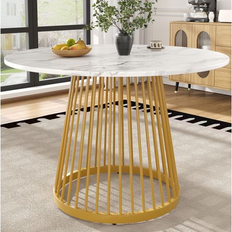 Tavolo da pranzo rotondo 80 x 80 x 76 cm in MDF e metallo, effetto marmo bianco e dorato DESVIAE (1/5)
