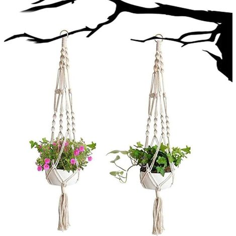 2 pièce Suspension Corde Plante Macramé, corde de coton panier de fleurs en macramé suspendu brindille planteur de suspension de fleurs pour décoration de la maison, jardinage de bureau, 4 jambes (1/3)
