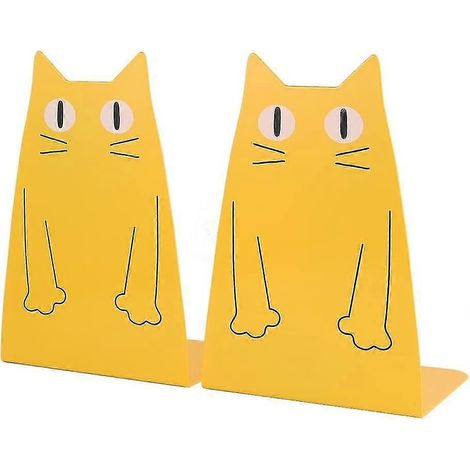 Paire de serre-livres jaunes antidérapants en métal lourd, résistants et durables, motif chat super mignon, décoration pour étagère, chambre, bibliothèque, bureau, école. (1/5)