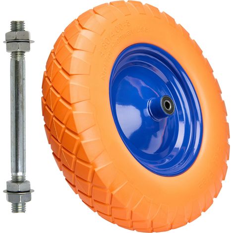 Garronda PU Vollgummirad 4.80/4.00-8 pannensicher wartungsfrei bis 100 kg Schubkarrenrad Ersatzrad Schubkarre mit Achse Stahlfelge Kugellager für Gartenwagen Hof Baustelle GD-0165, Orange-Blau (1/5)