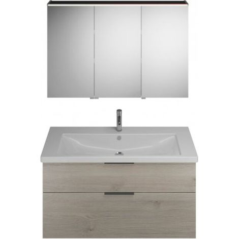 Burgbad Eqio Badmöbel-Set, mit Keramikwaschtisch + Unterschrank und Spiegelschrank 123 cm, mit Griff Eiche Dekor Flanelle/Alpinweiss Schwarz matt links, rechts, rechts (1/2)
