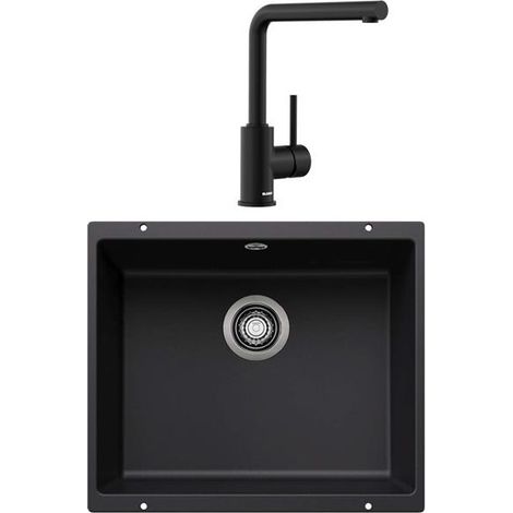 Blanco – Pack évier 1 bac silgranit noir avec mitigeur orientable 360° – Cuve à intégrer sous plan – Vidage compact avec bonde inox (1/3)