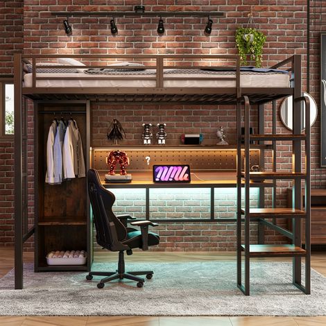 Lit mezzanine métal 90x200cm noir,escalier vertical,bureau à panneau perforé,éclairage LED multicolore et étagère simple de rangement.