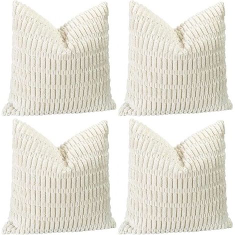 Lot de 4 housses de coussin décoratives en velours côtelé doux 45 x 45 cm, carrées à rayures pour canapé, chambre, ferme, taies d'oreiller de décoration intérieure bohème (blanc crème) (1/5)