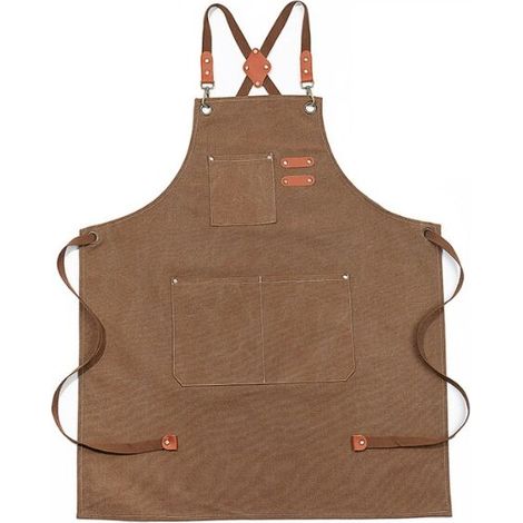 1PC Brun Tablier à brets en denim imperméable amélioré, tablier en denim réglable avec poches et brets croisées