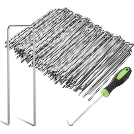 100 Pièces 15cm Piquets de Jardin de Ø 3 mm - Agrafes en Acier Galvanisé pour Fixer Les Toiles Anti-Mauvaises Herbes, Les Filets et Les Tubes avec 1 Crochet de Ramassage (1/5)