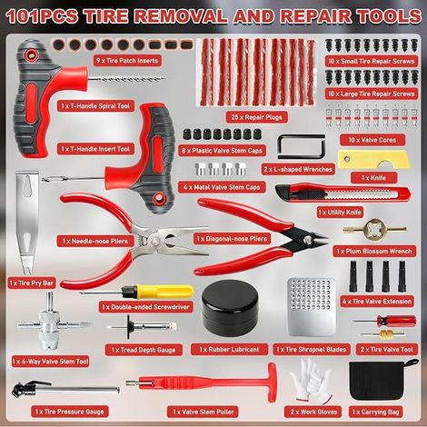 Kit Reparation Pneu Voiture Kit Meche Pneu Voiture Universal Kit Anti Crevaison Voiture Tubeless Outils Réparation Pneus Portables pour Auto Moto VTT Camion Tracteur SUV (1/4)