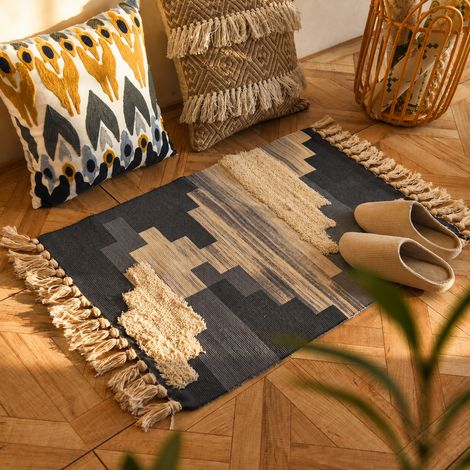 Tapis de Sol Tissé Style Nordique Émir - Bleu à Franges Motif Géométrique 60 x 90 cm 300 g Lavable en Machine – Livraison gratuite
