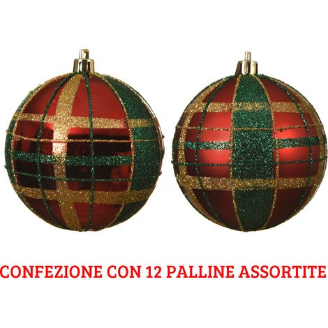 12 PALLINE NATALIZIE SCOZZESI ROSSE/VERDI 8 CM ASSORTITE