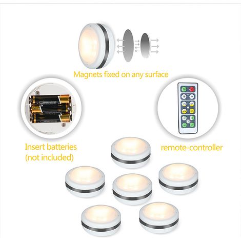 6 lampes LED sans fil avec télécommande, éclairage sous meuble, lumières LED à piles, lampe de placard, éclairage de plan de travail, lumières adhésives